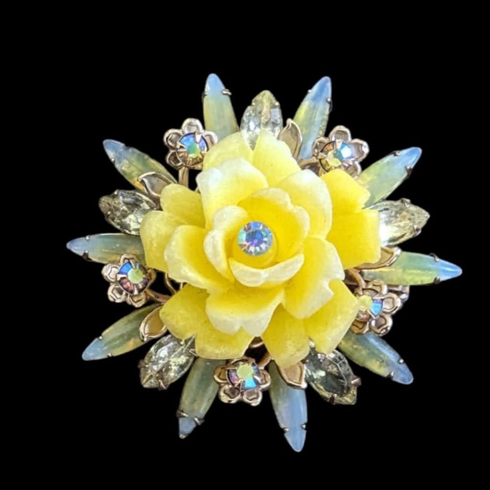 Vintage 1950s Molded Glass Rhinestone Brooch Lucite Flower Yellow AB & Opalite